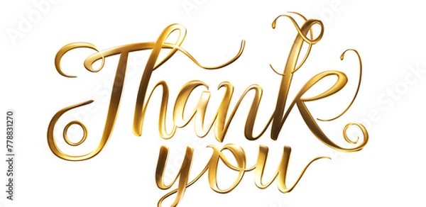 Obraz The words "Thank you" in elegant cursive gold lettering isolated on white background,