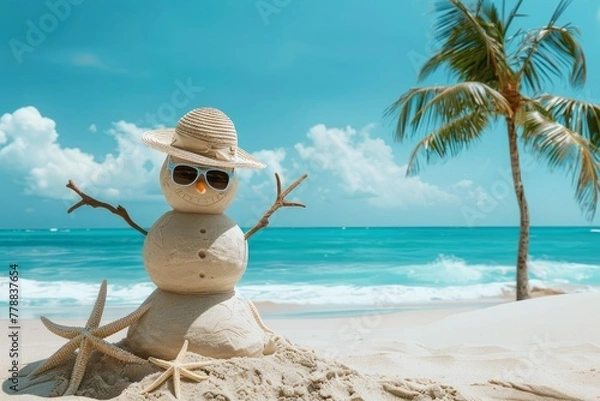 Fototapeta A snowman made of sand, wearing sunglasses and straw hat in the beach background