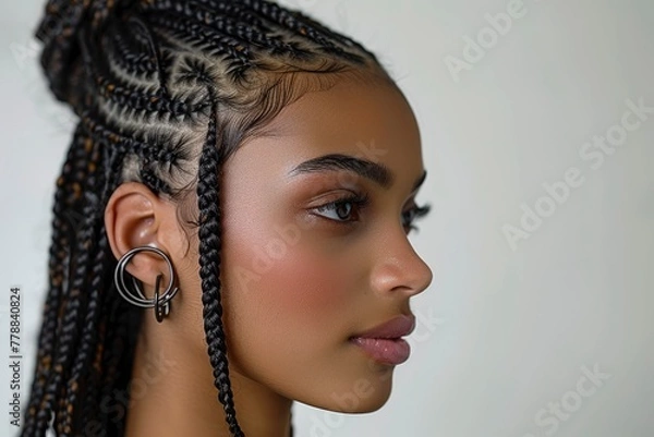 Fototapeta Stunning African American woman with box braids in profile isolated on white background