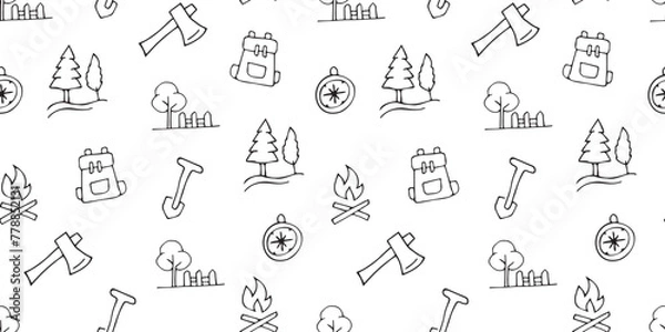 Fototapeta the pattern. seamless pattern. drawing. doodle. camping. trip. textiles. background. black lines. fire. nature. food. barbecue. fishing. a beautiful pattern. seamless.