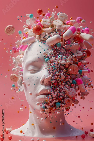 Fototapeta Surreal Mannequin Head Exploding with Colorful Candy Pills