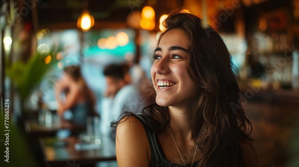 Fototapeta A joyous woman with wavy hair smiles while seated in a lively cafe, with soft focus lights creating a cozy ambiance.