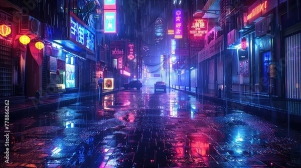 Fototapeta A vibrant city street bathed in neon lights reflecting on wet pavements, capturing the dynamic life of the city.