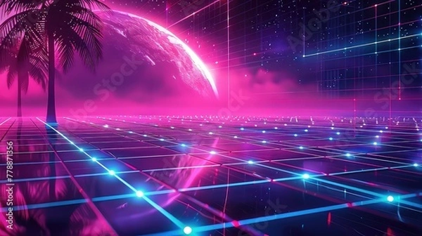 Fototapeta A vibrant synthwave-inspired landscape featuring a large moon, palm trees, and a grid floor under a sunset sky.