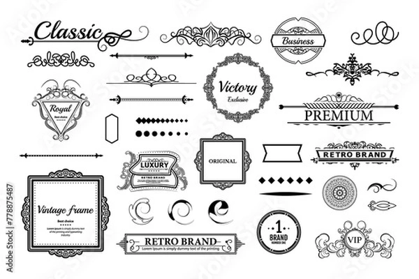 Fototapeta Vintage decoration elements and wicker lines in vector. Decoration for logos, page, wedding album or restaurant menu in set. Calligraphic design elements