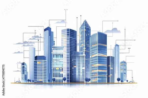 Fototapeta Modern Blue Tone City Skyline Illustration with Abstract Architecture