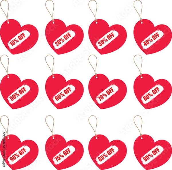 Fototapeta 10% to 95% Off Tag Ste of EPS File. 10% to 90% Off tag With Heart Shape