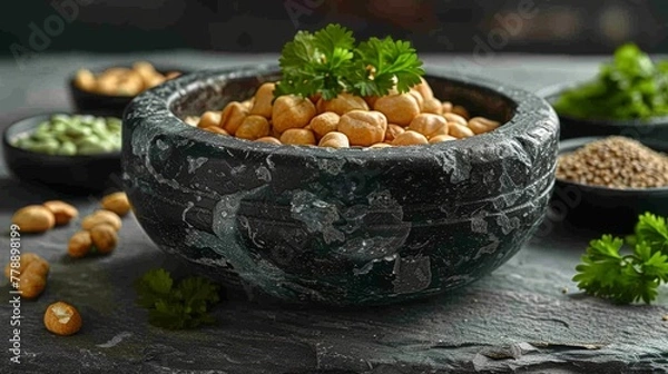Fototapeta   A close-up of a bowl of food on a table with surrounding bowls and garnishes