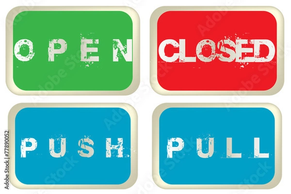 Fototapeta Open, closed, pull and push colored signs isolated over white ba