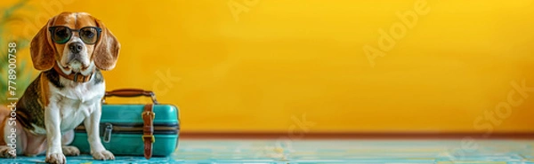 Fototapeta A cute beagle dog with sunglasses and a suitcase on an orange isolated background. The concept of traveling and vacations with animals. Banner, place for text