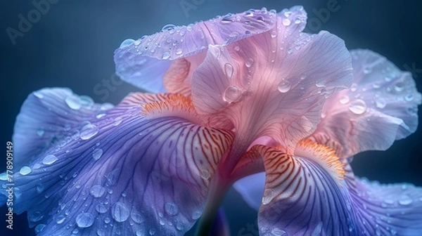 Fototapeta   A close-up of a purple flower with droplets of water on its petals against a dark blue background