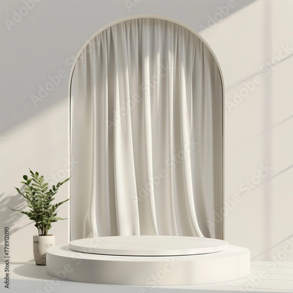 Fototapeta minimalist podium mockup for product presentation, curtain and pedestal