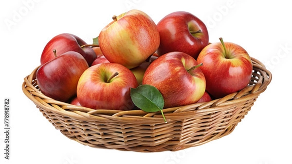 Fototapeta Basket of red and yellow apples with leaves isolated on transparent background