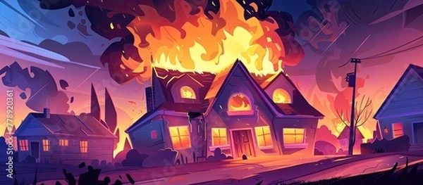 Fototapeta Cartoon drawing depicting a house engulfed in flames as a fire blazes uncontrollably