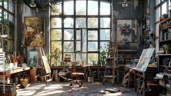 Fototapeta Detailed 3D rendering of a retired artists studio abundant with creative projects