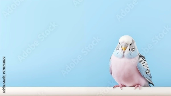 Fototapeta Budgie parakeet on blue background, one animal