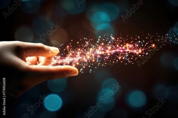Fototapeta Hand with sparkling light trails on dark background