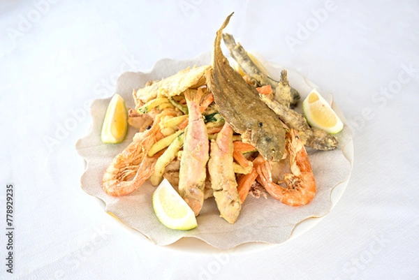 Fototapeta Mixed fried fish from Adriatic Sea in the Conero Mount regional Park near Ancona marche region Italy