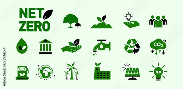 Fototapeta Net zero and carbon neutral concepts Net zero greenhouse gas emissions target with green and black health center icon on gray background.
