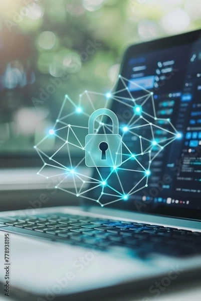 Fototapeta Holographic Cybersecurity Lock on Laptop Keyboard