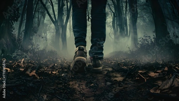 Fototapeta steps of a person in the woods