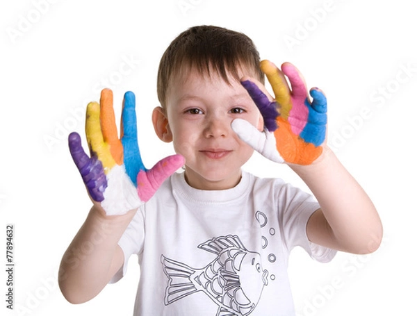 Fototapeta Portrait of happy little boy with paints on hands.