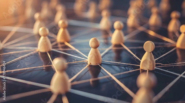 Fototapeta Chess pawns interconnected in a network, network concept in human resources management strategy