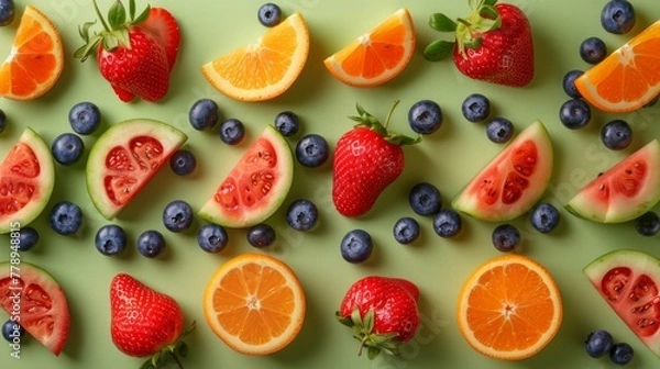 Fototapeta Assorted fresh fruits including oranges, grapefruits, strawberries, blueberries, and mint leaves arranged on a green background.