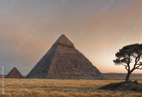 Fototapeta A large, pointed pyramid sits in a field with a single tree to its right. The sky is a mix of pink and grey.