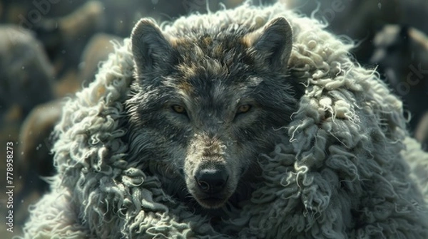 Fototapeta Wolf standing in the sheep group pretending to be sheep concept