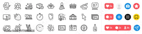 Fototapeta Food delivery, Alcohol free and Heart line icons pack. Social media icons. Certificate, Dress, Co2 web icon. Carousels, Touch screen, Timer pictogram. Quick tips, Microscope, Start business. Vector