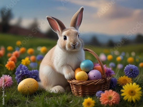 Obraz Bring the magic of Easter to life with this cute bunny, surrounded by a field of colorful flowers and holding a basket of eggs, waiting for your creative touch .