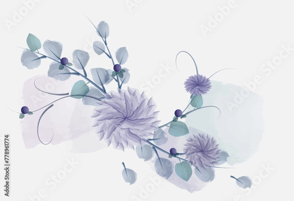 Fototapeta Watercolor flowers with branches and shimmers in purple and turquoise tones, and translucent splashes in the background. Vector illustration isolated on white background.
