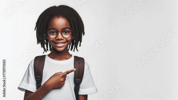 Fototapeta Cheerful schoolgirl, African American 10 years old, wearing a white T-shirt, glasses, on a white background, smiling and pointing to the empty space