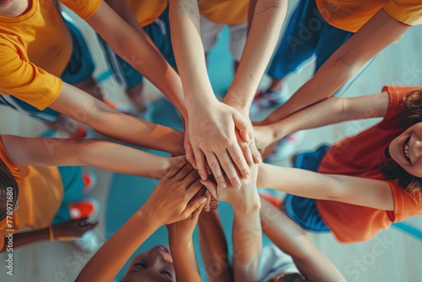 Obraz Team of kids children basketball players stacking hands in the court, sports team together holding hands getting ready for the game