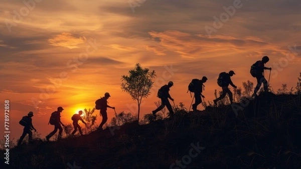 Fototapeta A group of people are hiking up a hill, with the sun setting in the background. The silhouettes of the hikers create a sense of unity and camaraderie