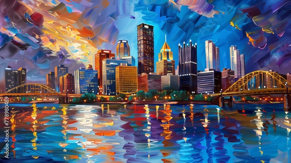 Fototapeta Horizontal Impasto oil painting of the Pittsburgh skyline. Generative AI