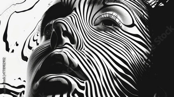 Fototapeta A woman's face is shown in black and white with a zebra print. The image has a bold and striking appearance, with the zebra print adding a sense of movement and energy to the face