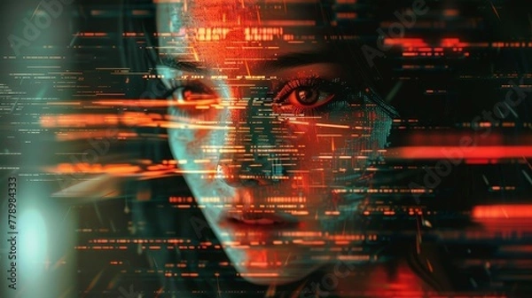 Fototapeta A woman's face is shown in a digital image with a lot of red and orange lines. The image has a futuristic and abstract feel to it, with the woman's face being the main focus. The use of bright colors
