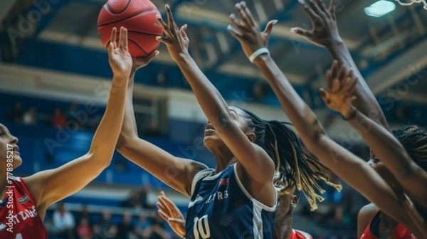 Fototapeta A group of diverse women basketball players in action, highlighting teamwork and athleticism.