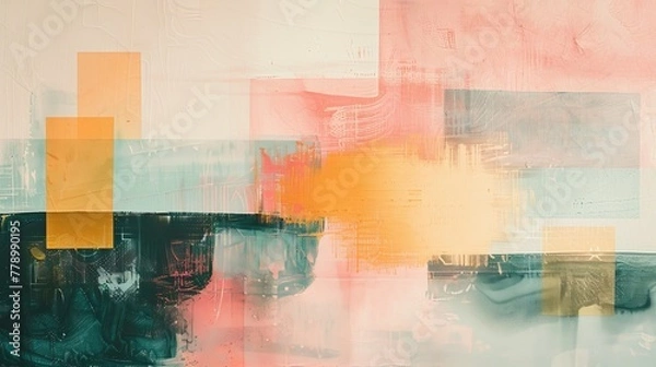 Fototapeta A tranquil exploration of happiness and contemplation in a minimalist lofi abstract. Soft pink, peach amber, yucca, and arbor green hues create a serene atmosphere with emphasis on negati...