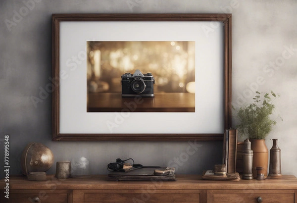 Fototapeta Mock up poster frame with on vintage chest of drawers