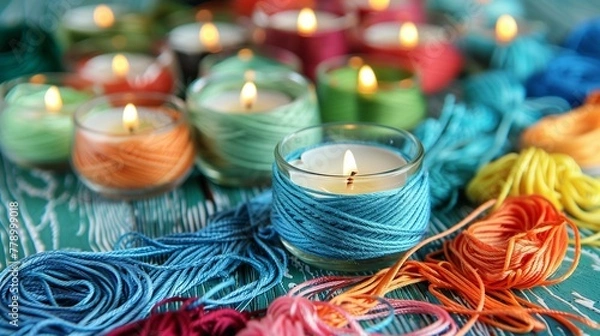 Fototapeta candles burning in the glass candle holders decorated with colourful wool yarn. 