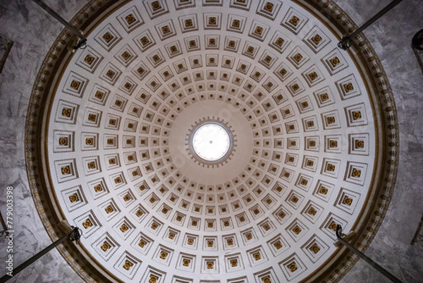 Fototapeta Canova Temple of Possagno, home to the tomb of Canova, his hometown. World-famous sculptor, neoclassical style temple, colonnade, precious decorations. Phanteon shape with coffered ceiling and oculus.