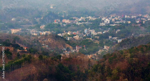 Fototapeta Beautiful overview of Bandarban hill district. Top view of Bandarban town. Most tourist attraction place of Bangladesh.