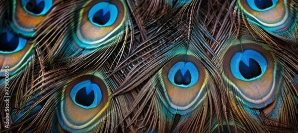Fototapeta peacock feathers with blue eyes on a textured background. Colorful bird feather wallpaper design for printing on fabric or textile.