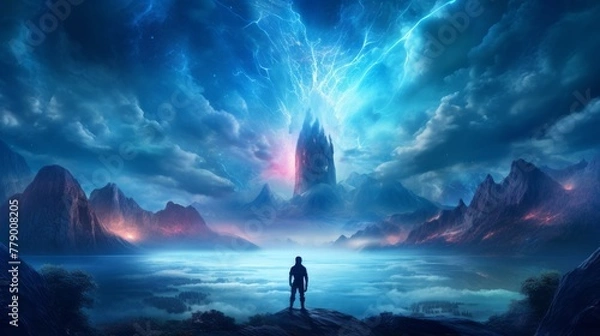 Obraz Man standing on a cliff overlooking a vast fantasy landscape with a tower in the distance