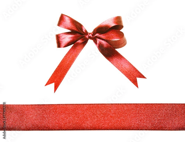 Fototapeta Red fabric ribbon and bow isolated on a white background