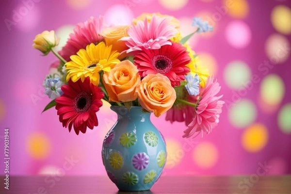 Fototapeta Colorful flower bouquet in a vase, Cinco de Mayo bokeh background with copy space
