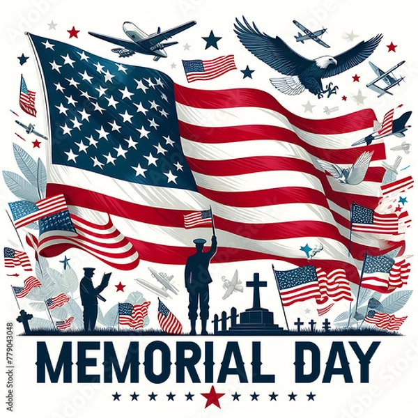 Fototapeta American flags with the text REMEMBER & HONOR White Background. Happy Memorial Day.